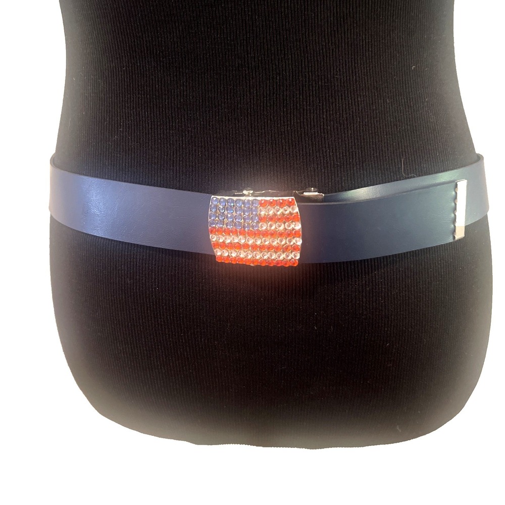 Patriotic Flag Belt Womens Navy Blue Rhinestone Buckle Slide Size 36